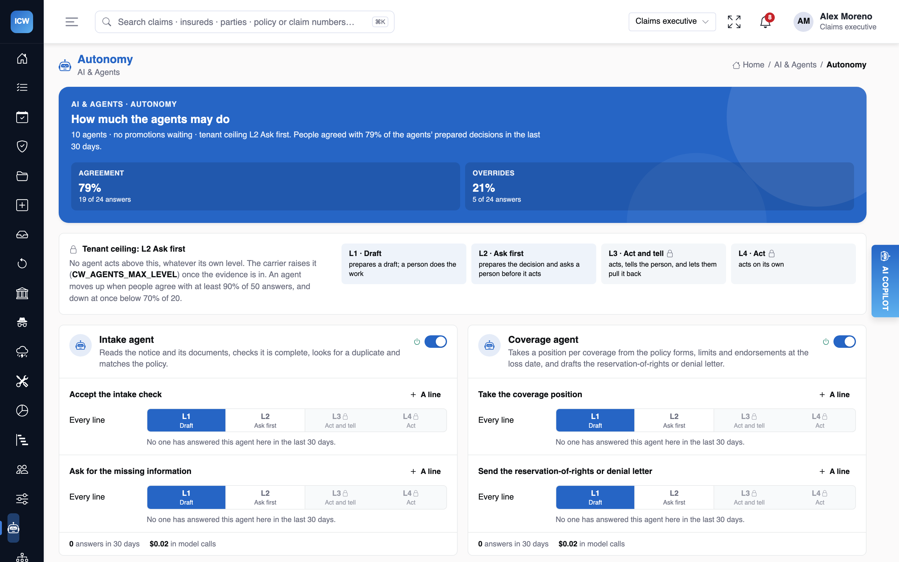 The autonomy page: how much each agent may do, per agent and action, under the carrier's ceiling