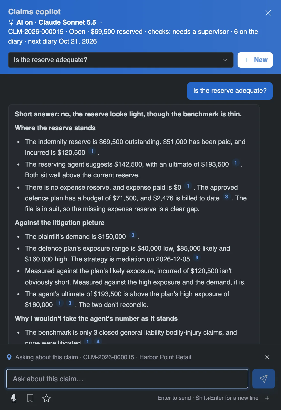 The claims copilot in dark mode, on demo data