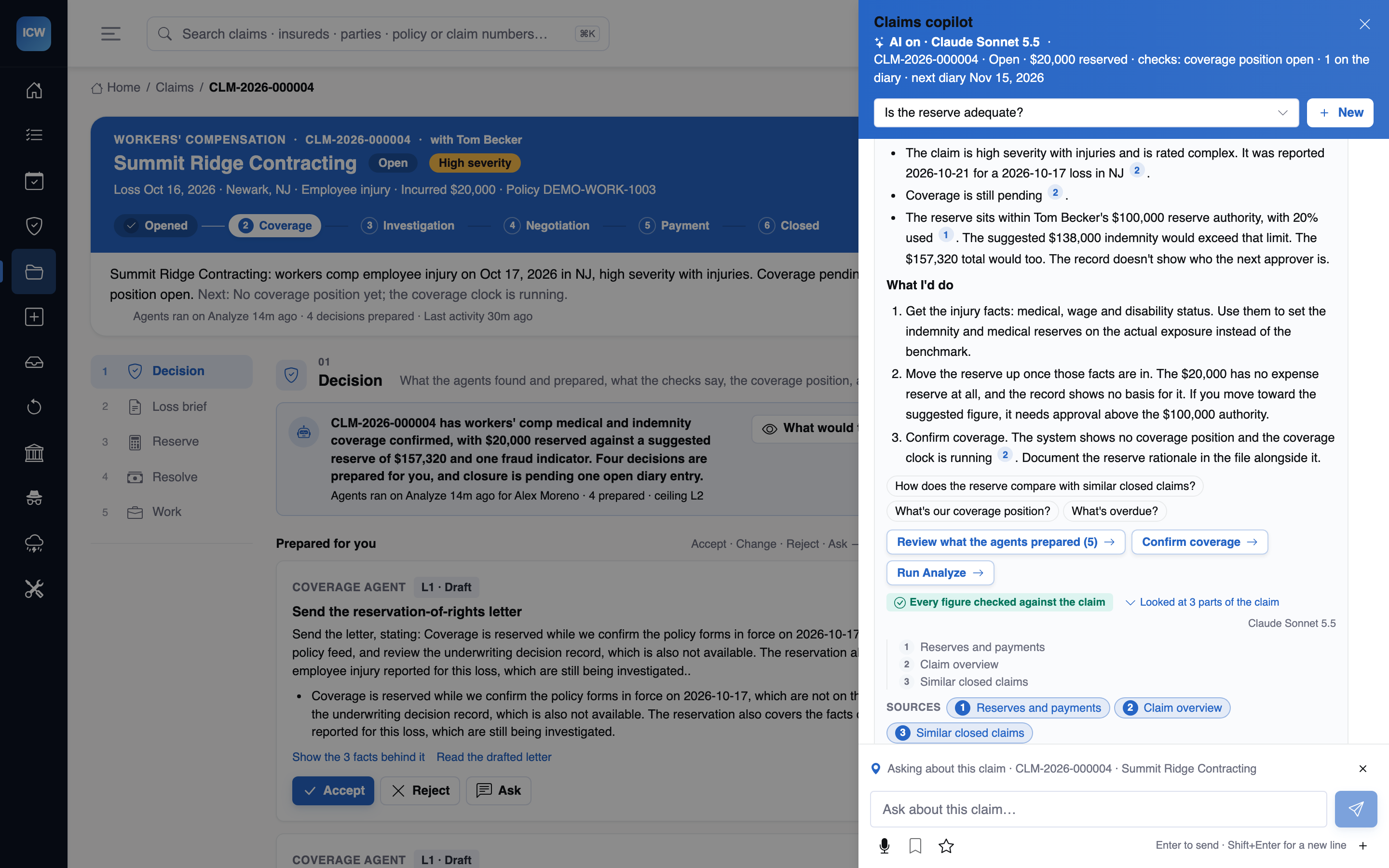 The claims copilot open on an illustrative workers' compensation claim, answering is the reserve adequate: numbered citations inline, what it would do next, suggested follow-up questions, action links to review what the agents prepared, confirm coverage and run Analyze, the badge every figure checked against the claim, and the three parts of the claim it looked at