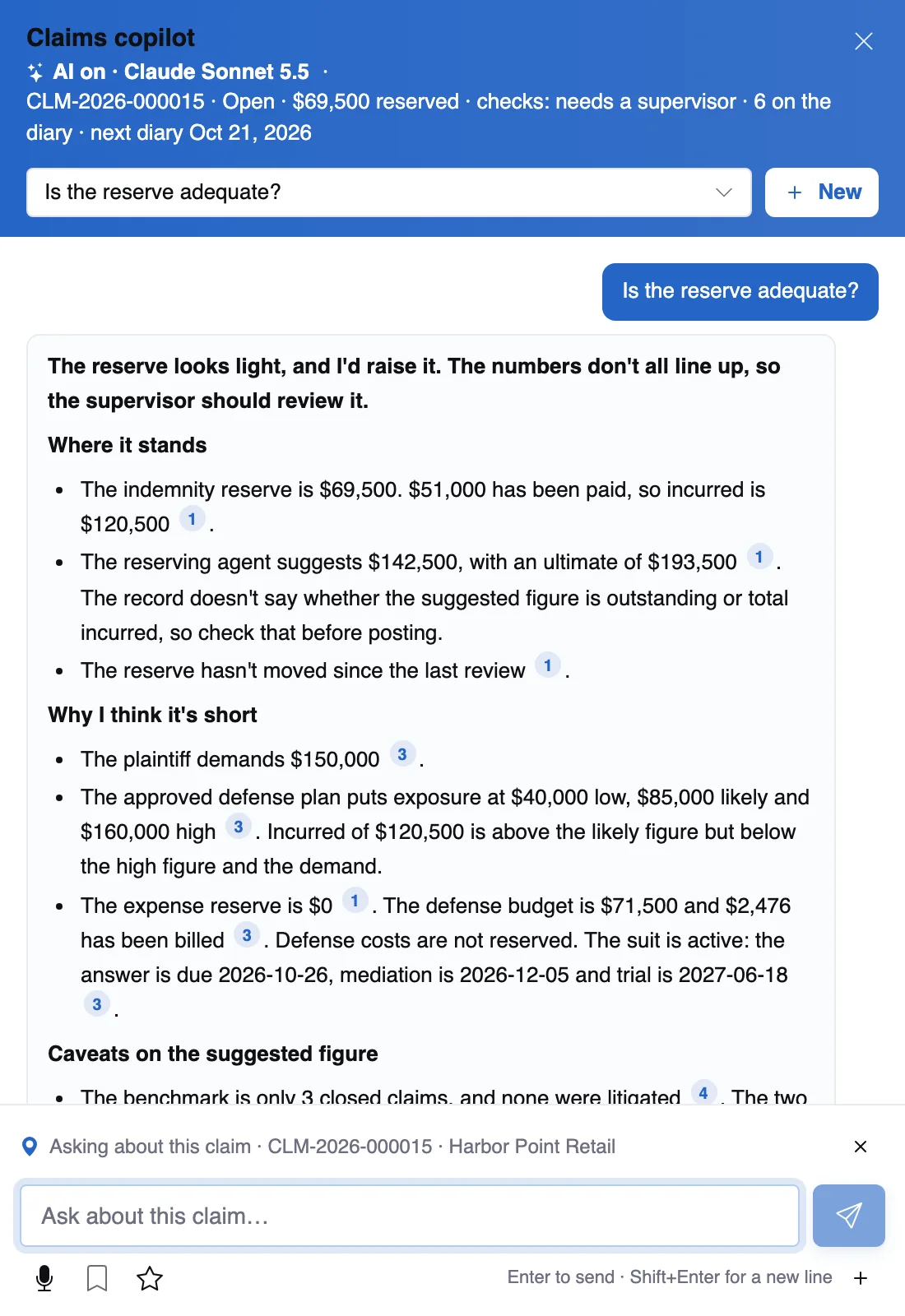 The claims copilot answering a question about a claim, with numbered sources, on demo data
