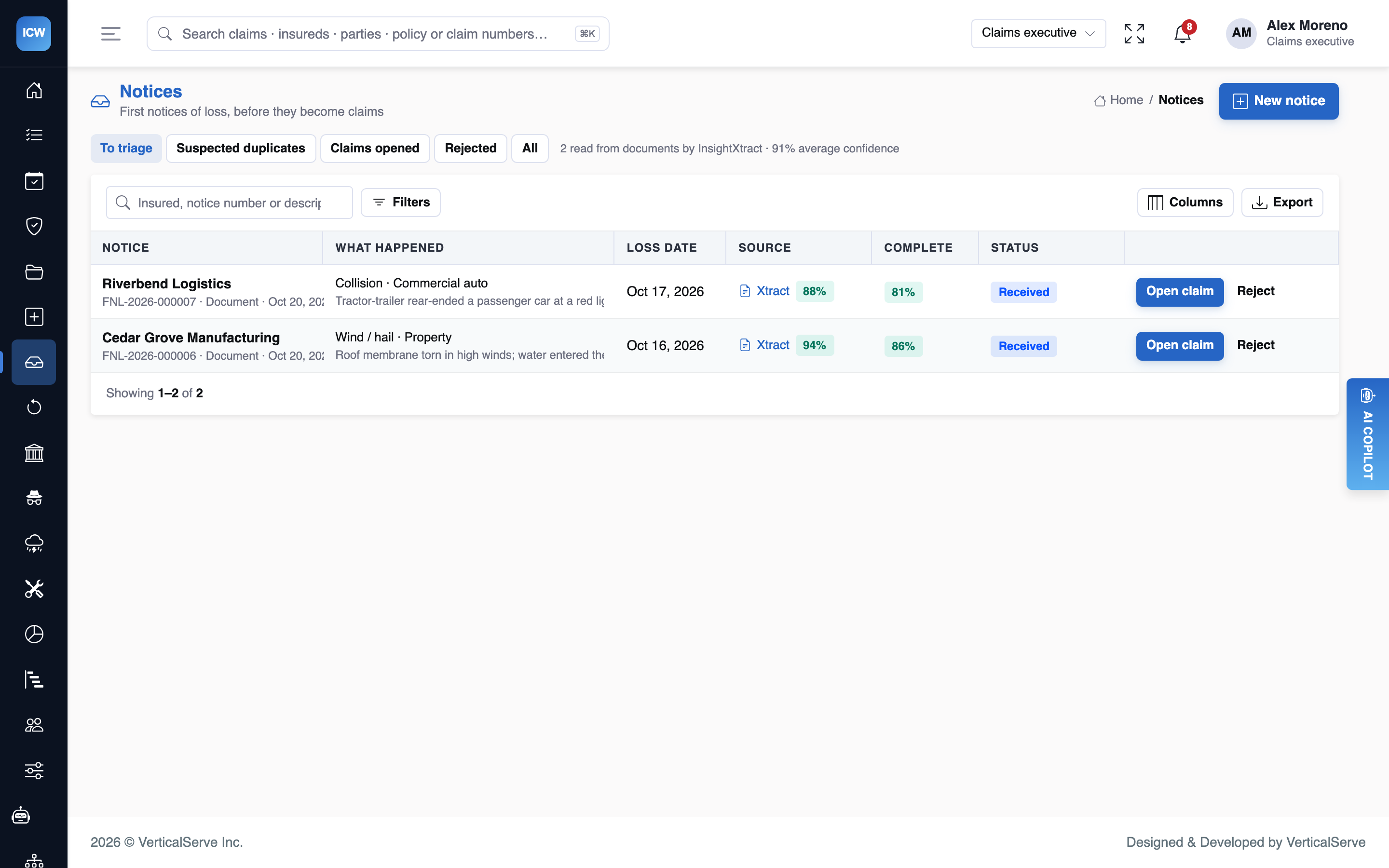 Notices to triage: two illustrative first notices read from documents by InsightXtract at 88 and 94 percent confidence, with completeness, status and Open claim