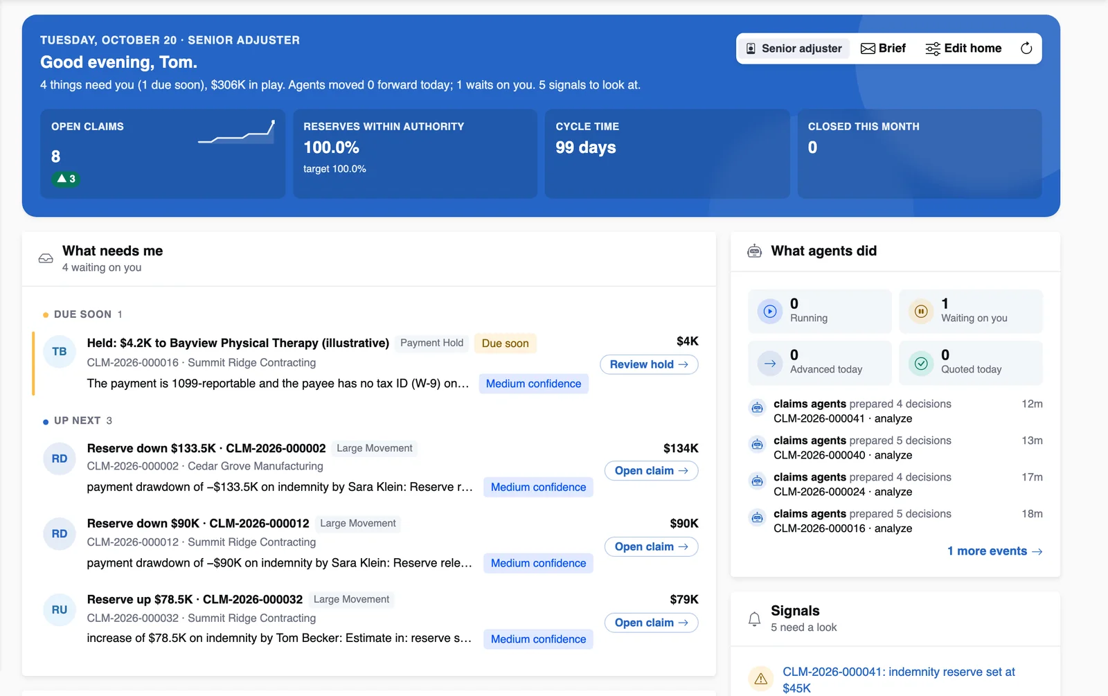 InsightCW home for a senior adjuster, on demo data