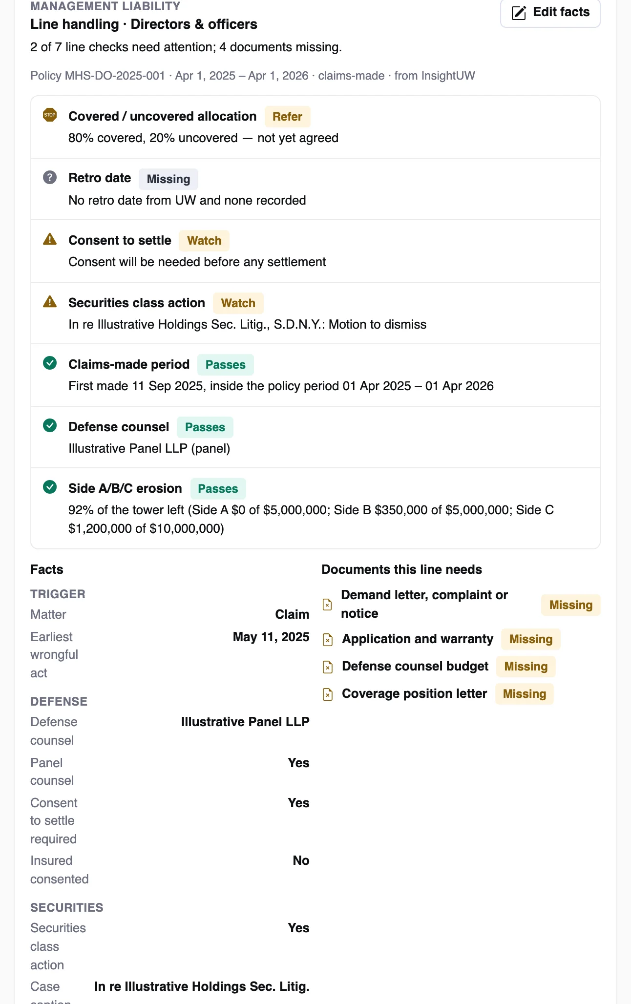 A specialty line panel, shown here for a D&O claim on demo data, with the line's own facts grouped