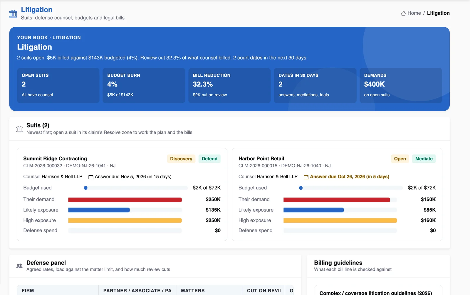 The litigation page with suits, counsel, budgets and billing guidelines, on demo data