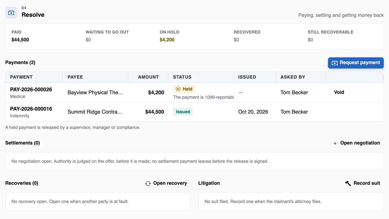 A payment on demo data held because it is 1099-reportable and the payee has no W-9 on file