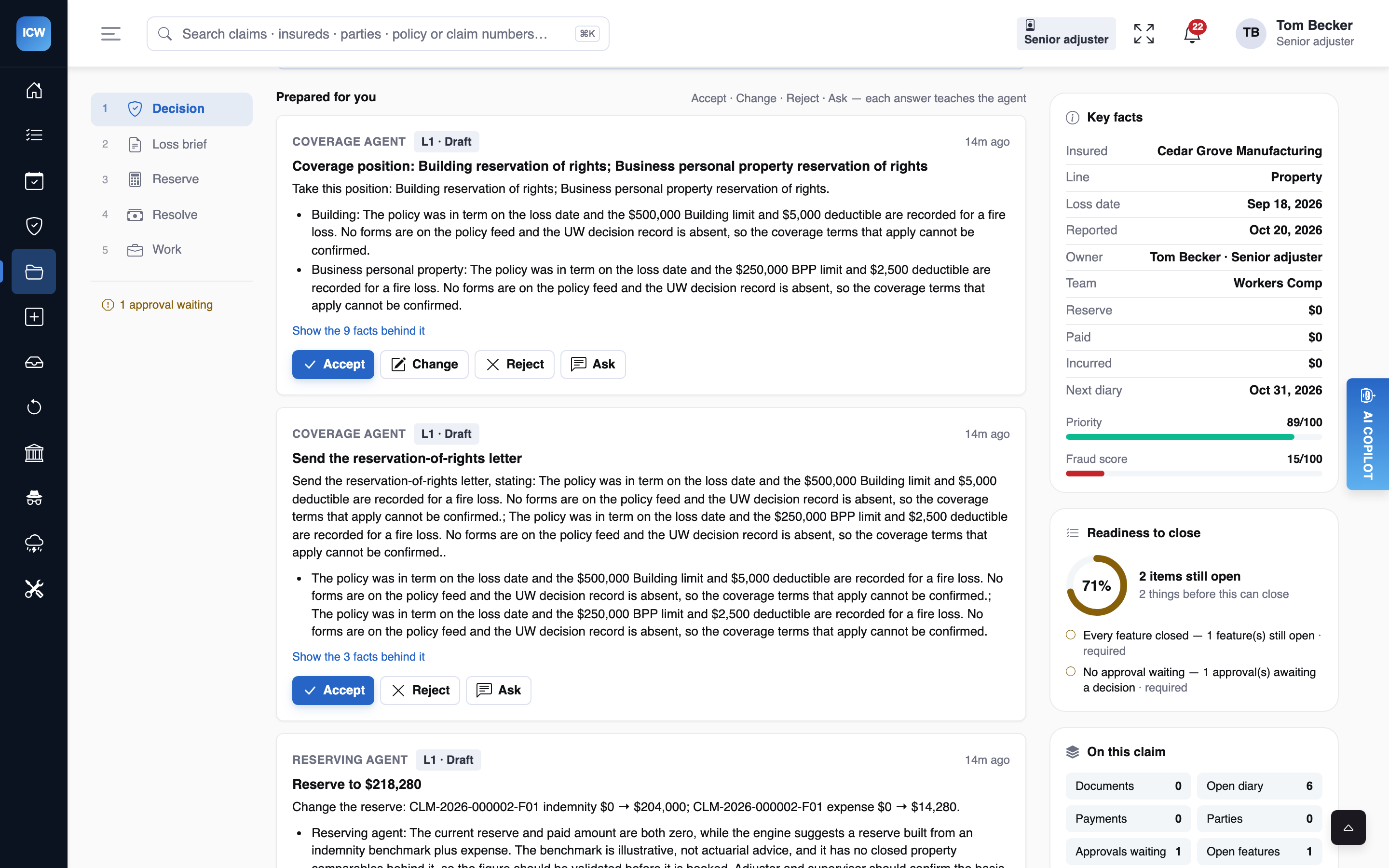 Prepared for you on an illustrative property claim: decisions the agents prepared, each with the agent name, its level, a recommendation, the facts behind it and Accept, Change, Reject and Ask buttons