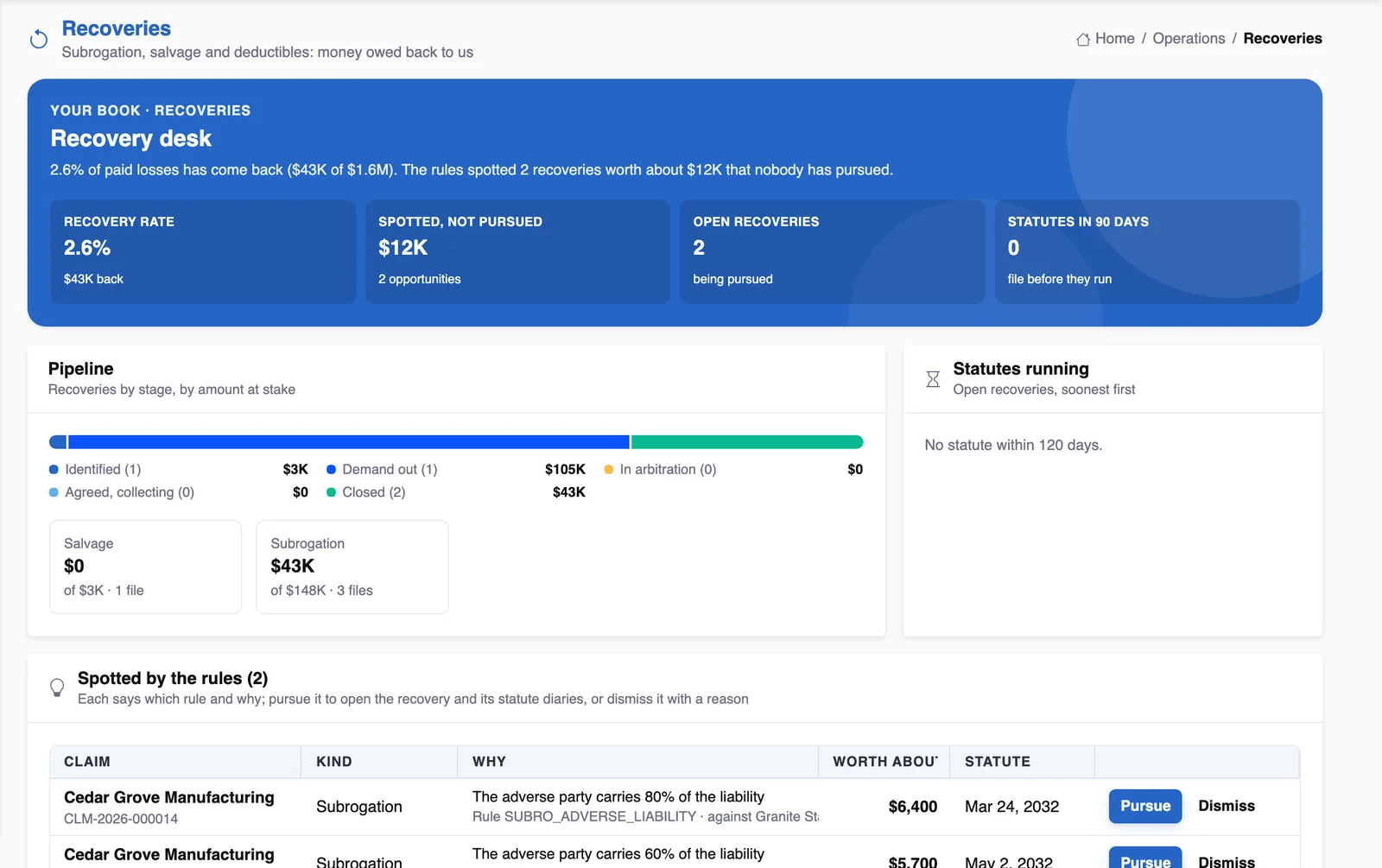 The recovery desk with recoveries collected and spotted by the rules, on demo data