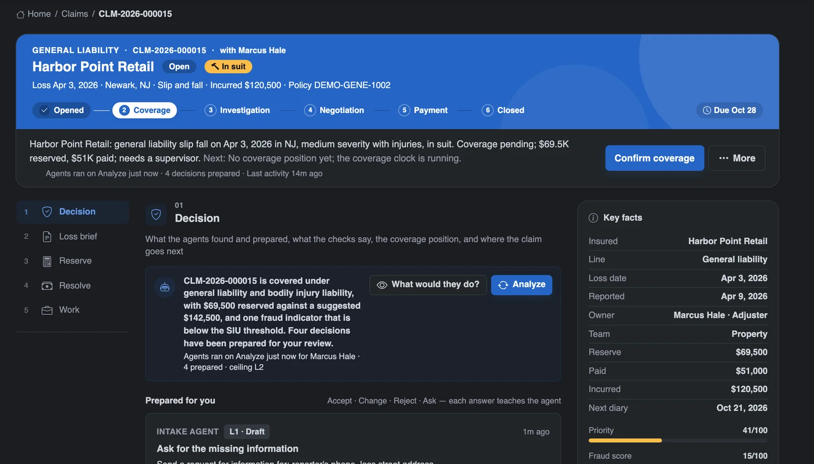 The Claim Workspace in dark mode, on demo data