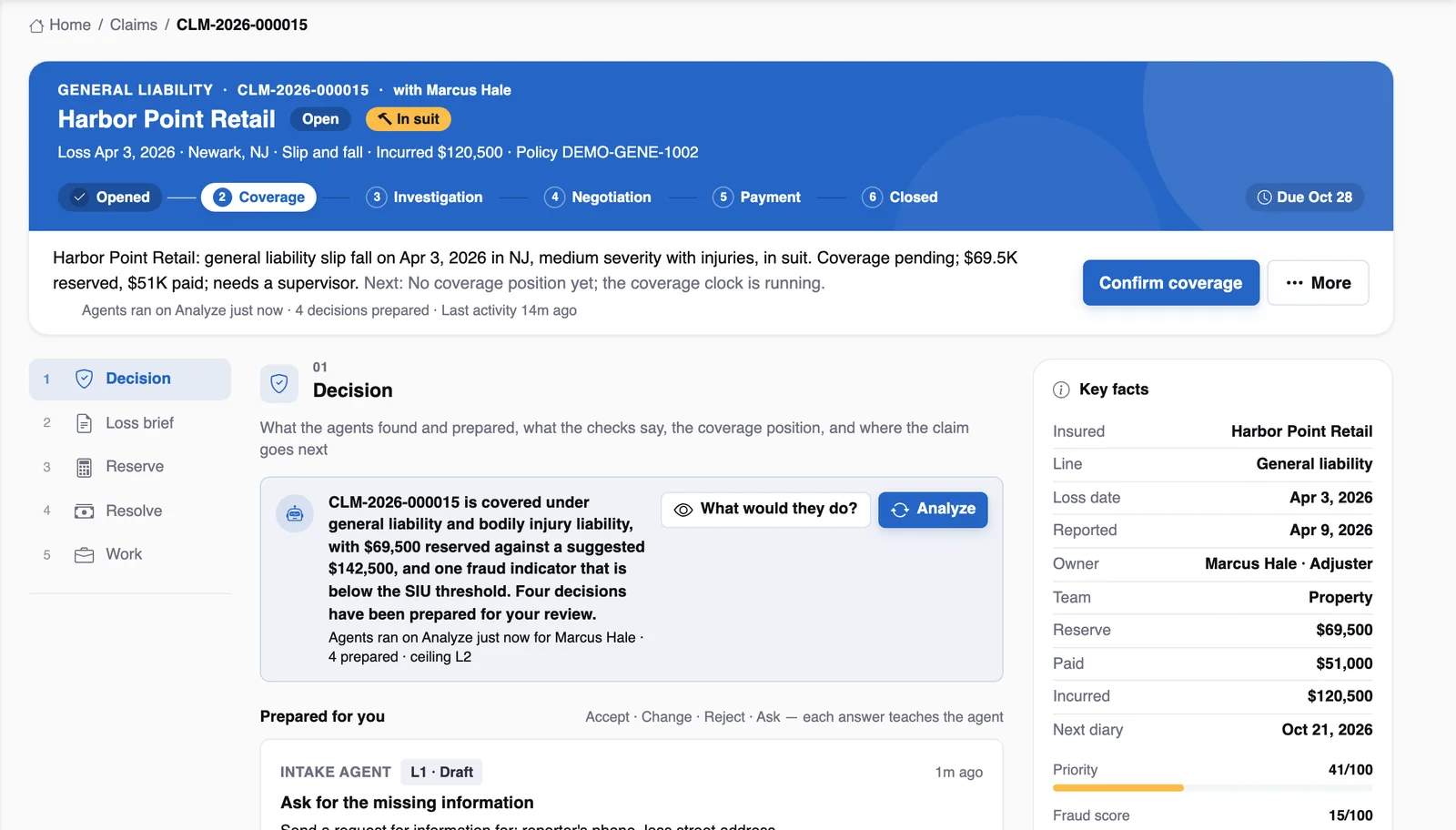 The Claim Workspace for a general liability claim in suit, on demo data
