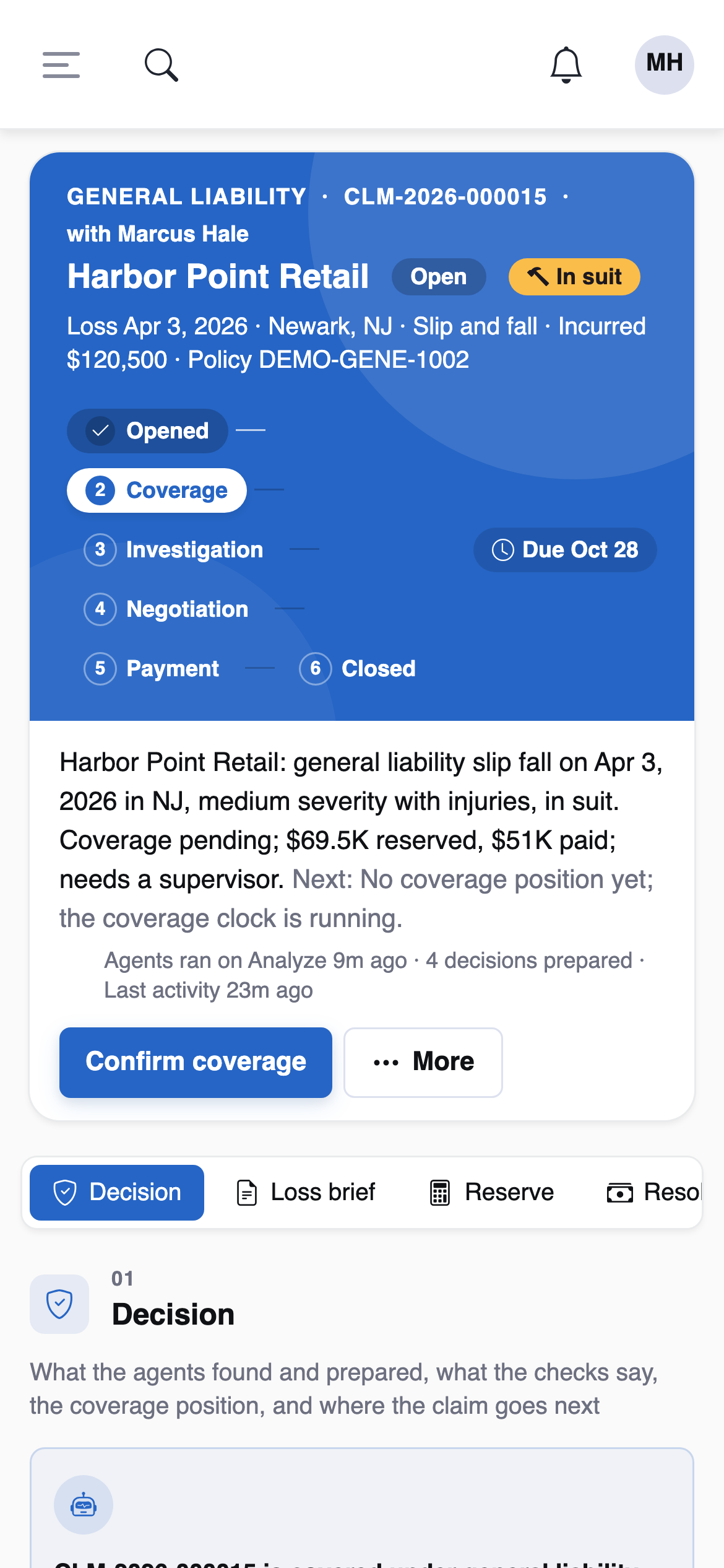 The Claim Workspace at phone width for an illustrative workers' compensation claim: the hero, the stage strip and the agents' narrative stacked in one column
